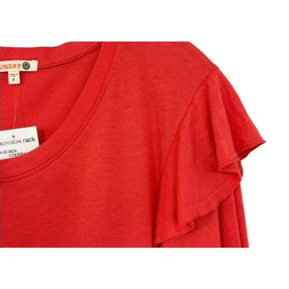 Sundry Womens Ruffle Shoulder Top Size 2/Medium Cherry Red NEW Long Sleeve Scoop - Picture 3 of 7